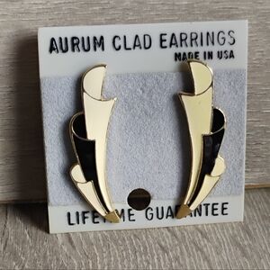 Aurum Clad Enamel Vintage Earrings Pierced Black White & Gold 1.5"